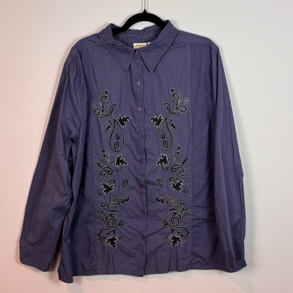 Womens Blue Floral Embroidered 100% Cotton‎ Blue Button up Shirt sz XXL Workwear